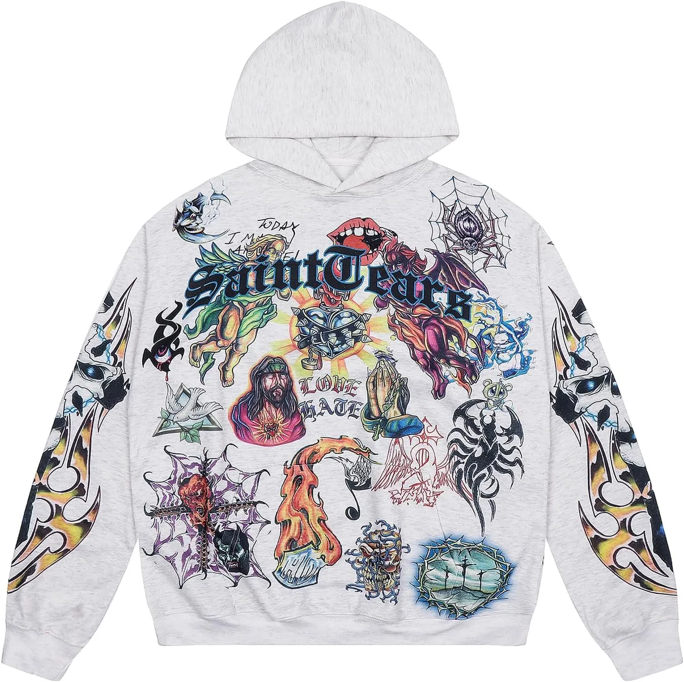 Unisex SAINT Hip Hop Vintage Full Patterm High Printed Loose Hooded Hoodie With Pocket