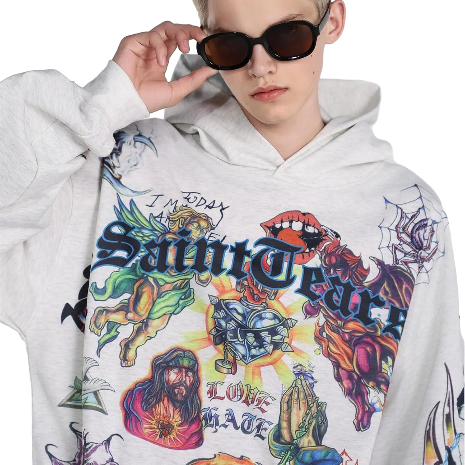 Unisex SAINT Hip Hop Vintage Full Patterm High Printed Loose Hooded Hoodie With Pocket