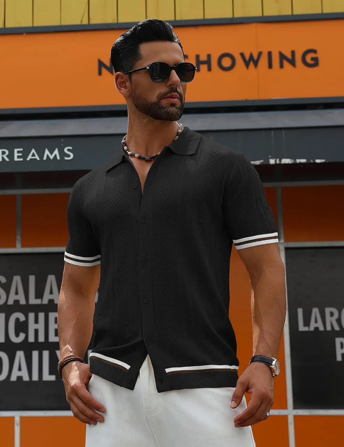 URRU Men's Knit Button Down Polo Shirt Short Sleeve Vintage Casual Summer Beach Tops