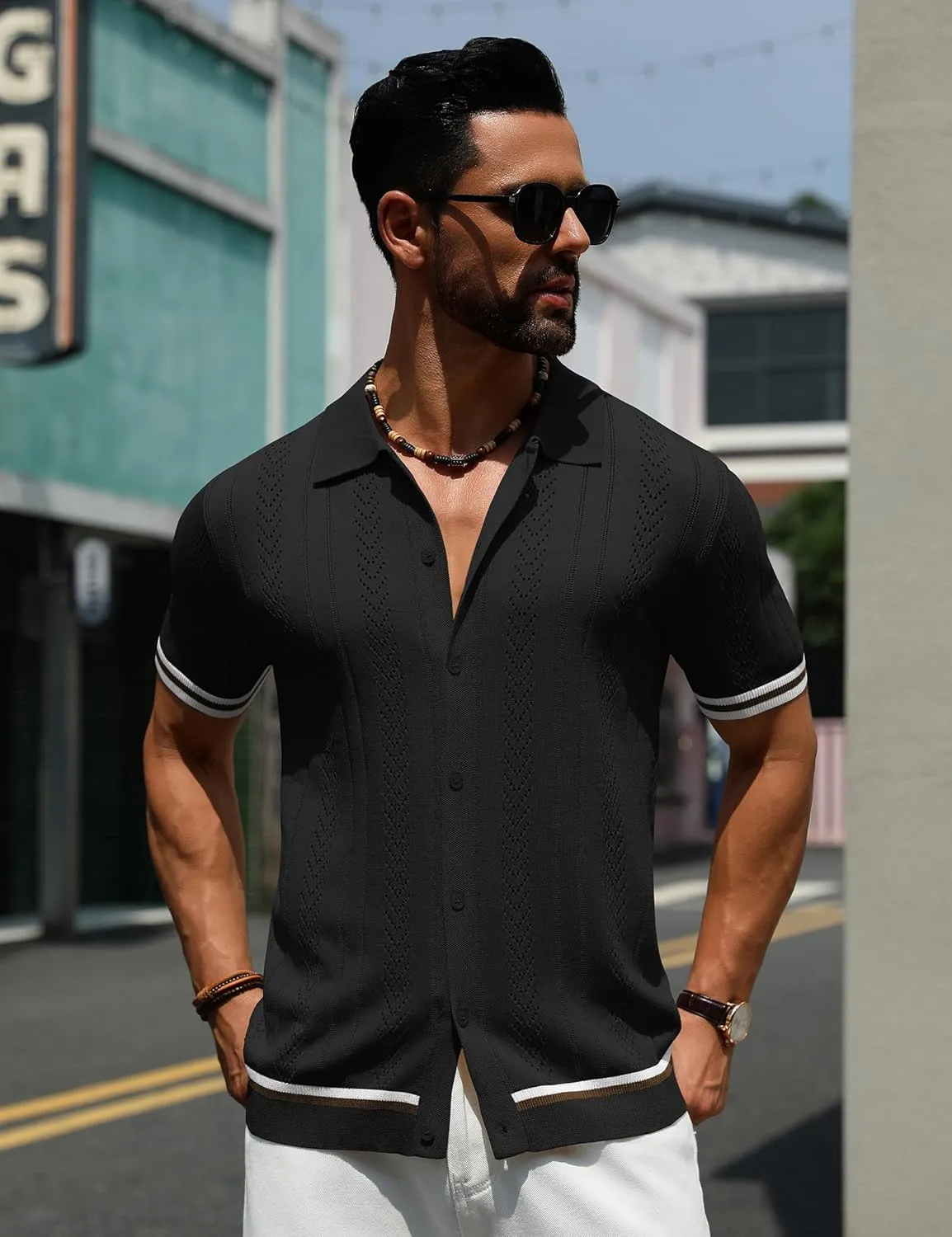 URRU Men's Knit Button Down Polo Shirt Short Sleeve Vintage Casual Summer Beach Tops