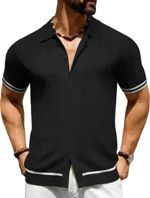 URRU Men's Knit Button Down Polo Shirt Short Sleeve Vintage Casual Summer Beach Tops