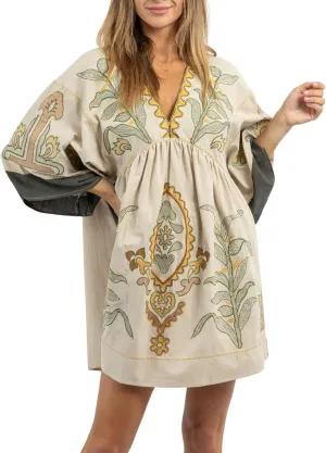 utcoco Women's 2025 Summer Beach Swing Flowy Mini Dress Boho Floral 3/4 Sleeve V Neck Loose Casual Linen Dress