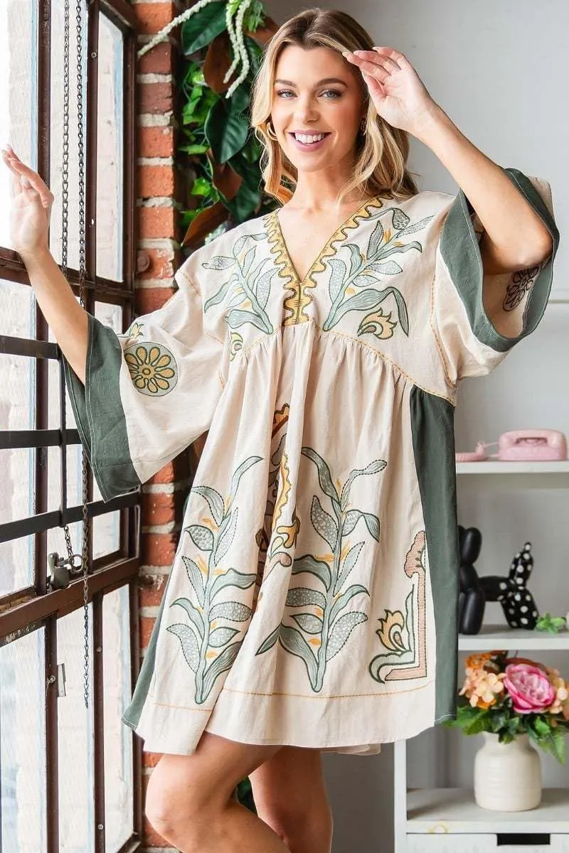 utcoco Women's 2025 Summer Beach Swing Flowy Mini Dress Boho Floral 3/4 Sleeve V Neck Loose Casual Linen Dress