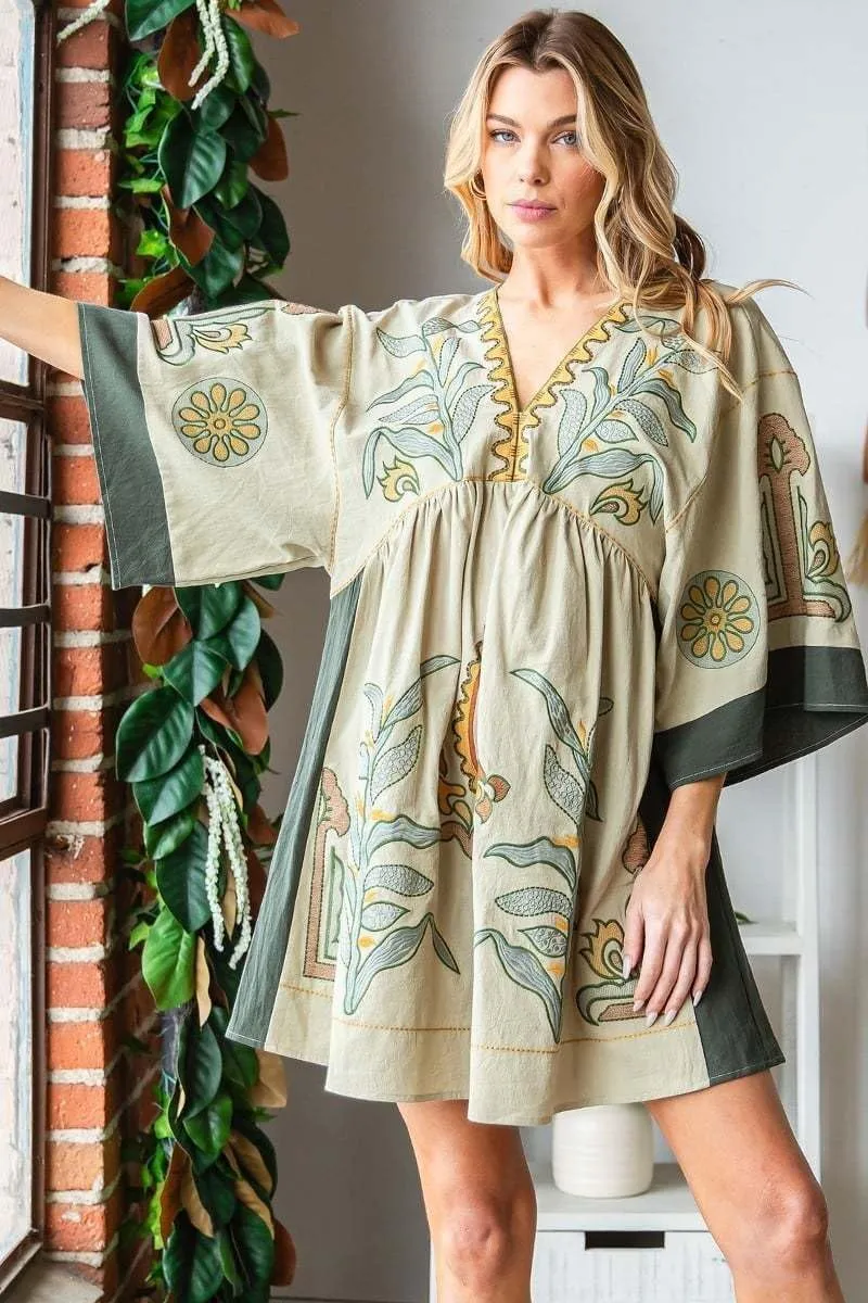 utcoco Women's 2025 Summer Beach Swing Flowy Mini Dress Boho Floral 3/4 Sleeve V Neck Loose Casual Linen Dress