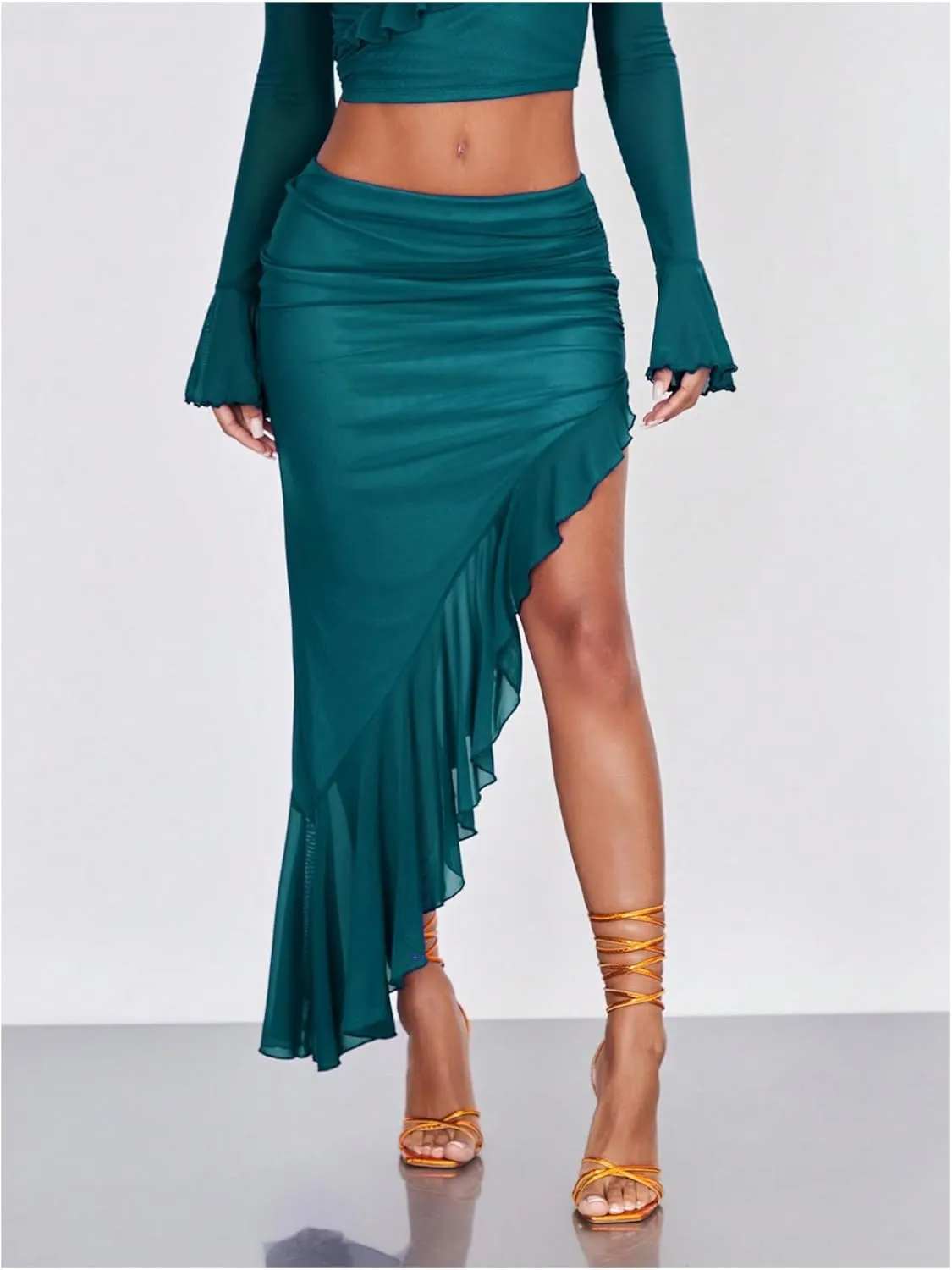 Verdusa Women's Asymmetrical High Slit Mesh Long Skirts Ruffle Hem Ruched Flowy Bodycon Skirt