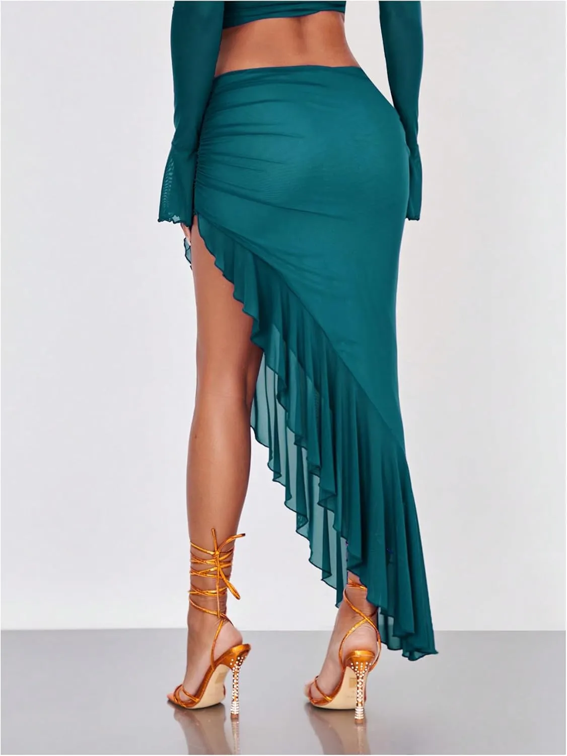 Verdusa Women's Asymmetrical High Slit Mesh Long Skirts Ruffle Hem Ruched Flowy Bodycon Skirt