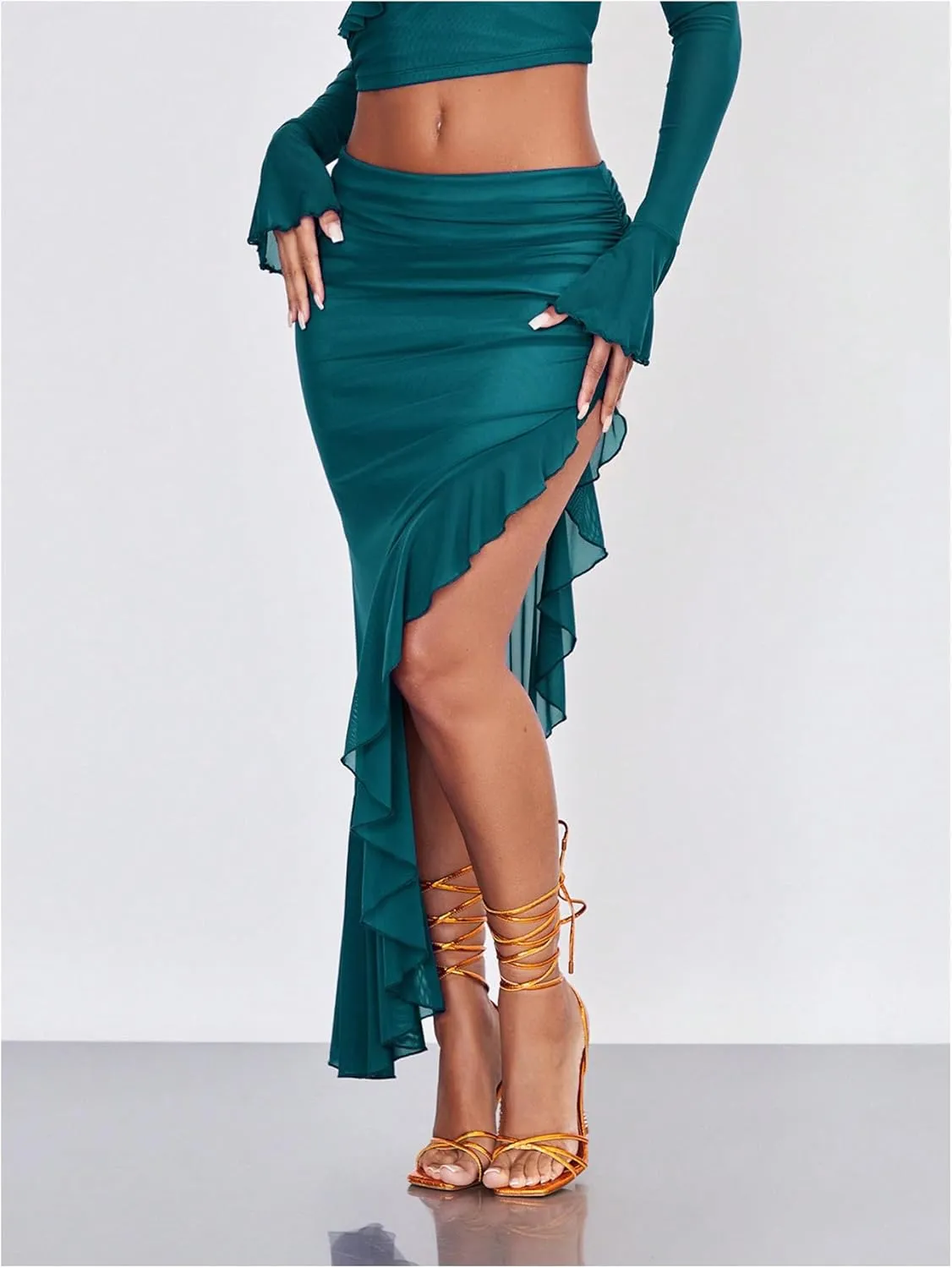 Verdusa Women's Asymmetrical High Slit Mesh Long Skirts Ruffle Hem Ruched Flowy Bodycon Skirt