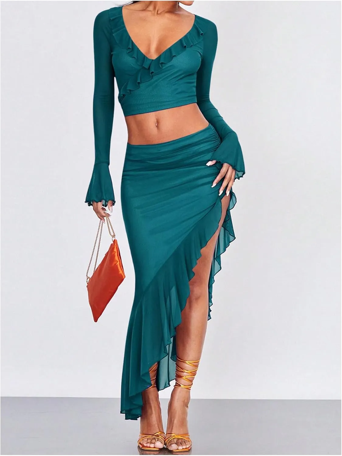 Verdusa Women's Asymmetrical High Slit Mesh Long Skirts Ruffle Hem Ruched Flowy Bodycon Skirt