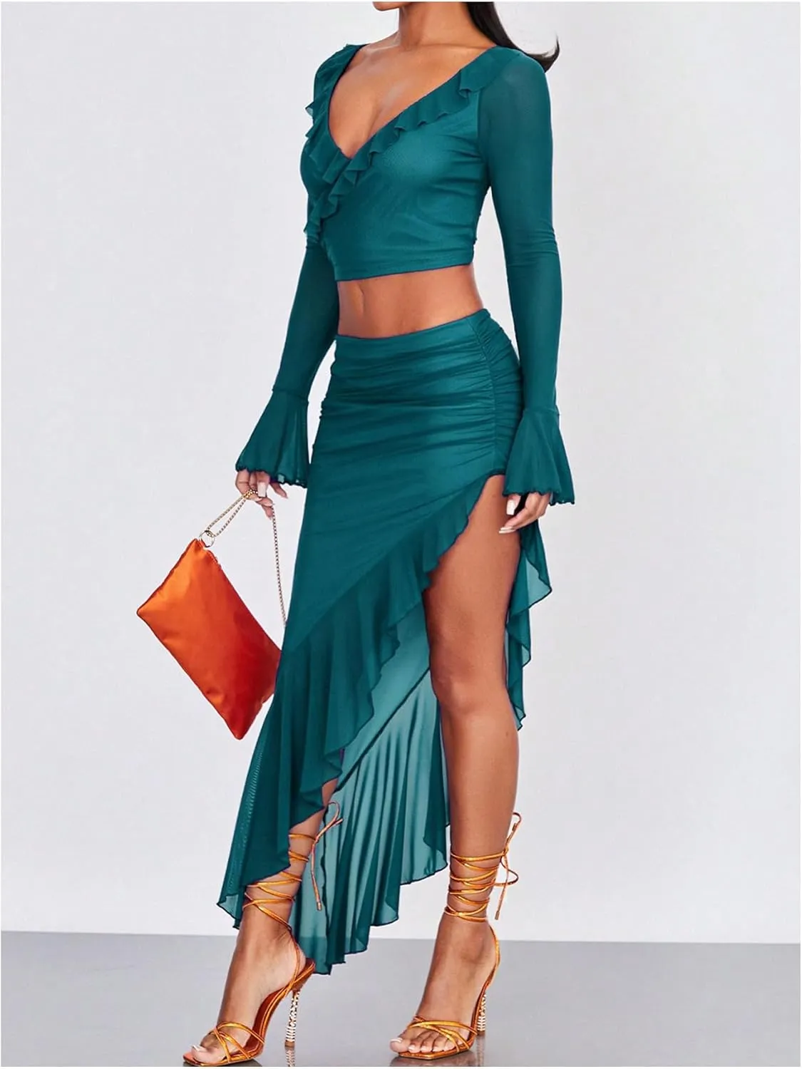 Verdusa Women's Asymmetrical High Slit Mesh Long Skirts Ruffle Hem Ruched Flowy Bodycon Skirt