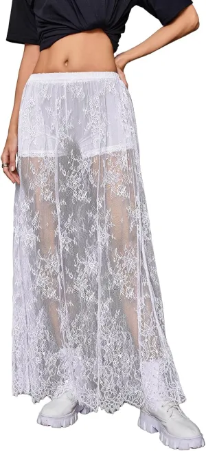 Verdusa Women's Fairycore Floral Lace Sheer Skirt High Waist Lightweight Maxi Skirts