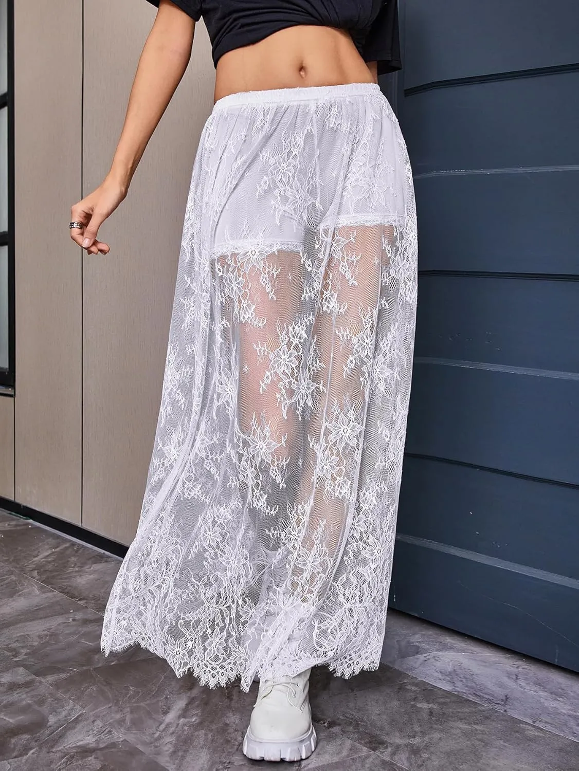 Verdusa Women's Fairycore Floral Lace Sheer Skirt High Waist Lightweight Maxi Skirts
