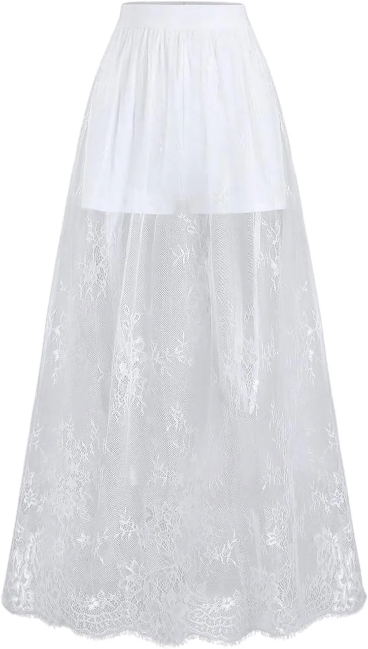 Verdusa Women's Floral Lace Mesh Layered Long Skirt High Rise Flowy Maxi Skirt
