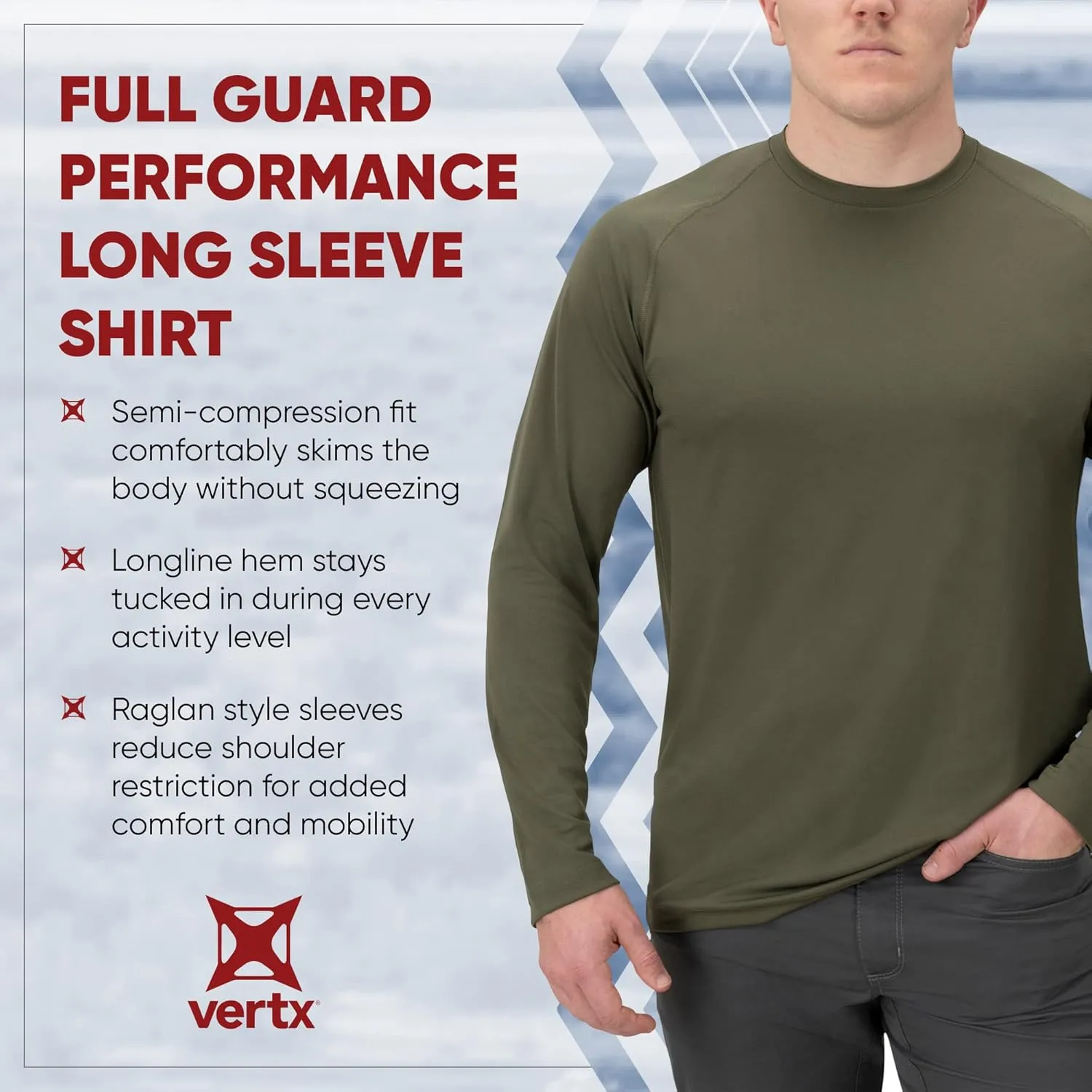 Vertx Mens Long Sleeve Tactical T Shirt, Athletic Workout Hunting Hiking Sport, Pull On Longline Style, Semi Compression Fit