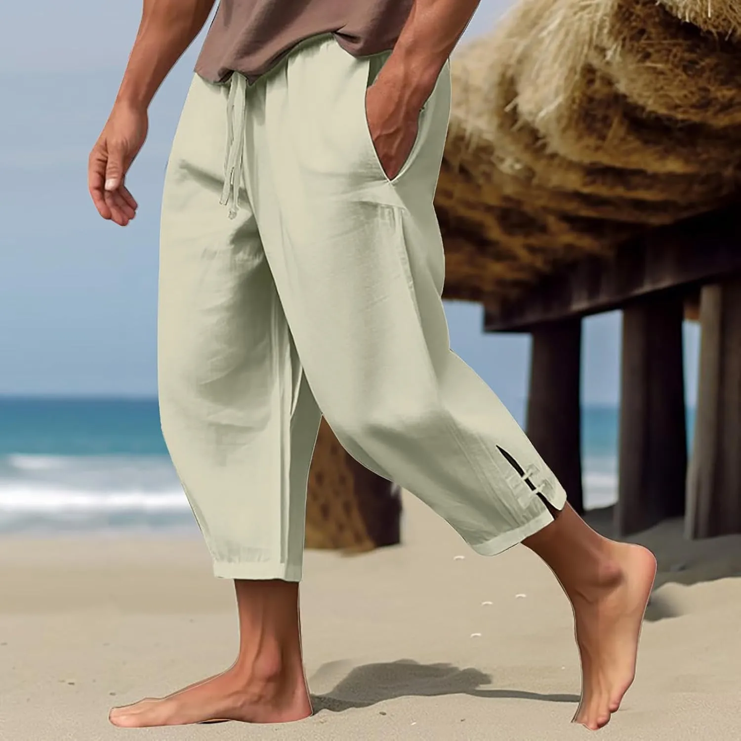 Vickyleb Men's Casual Linen Pants Elastic Drawstring Waist Loose Fit Straight Legs Summer Yoga Beach Long Pants for Men