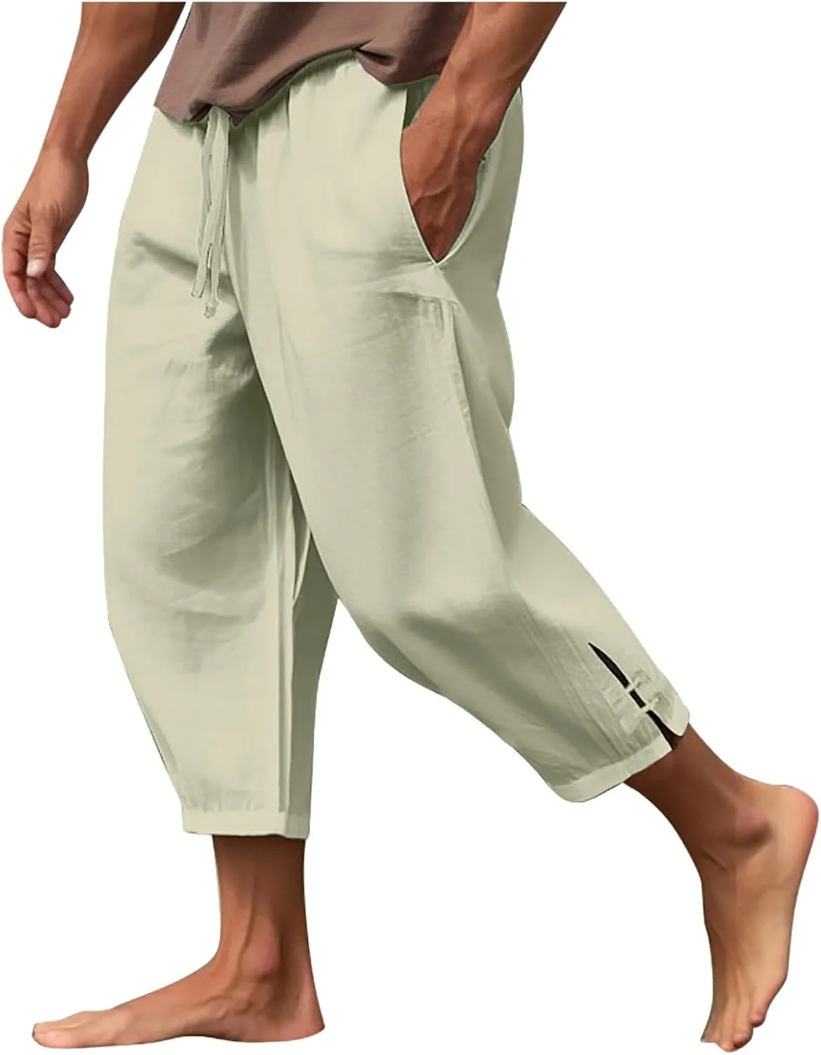 Vickyleb Men's Casual Linen Pants Elastic Drawstring Waist Loose Fit Straight Legs Summer Yoga Beach Long Pants for Men