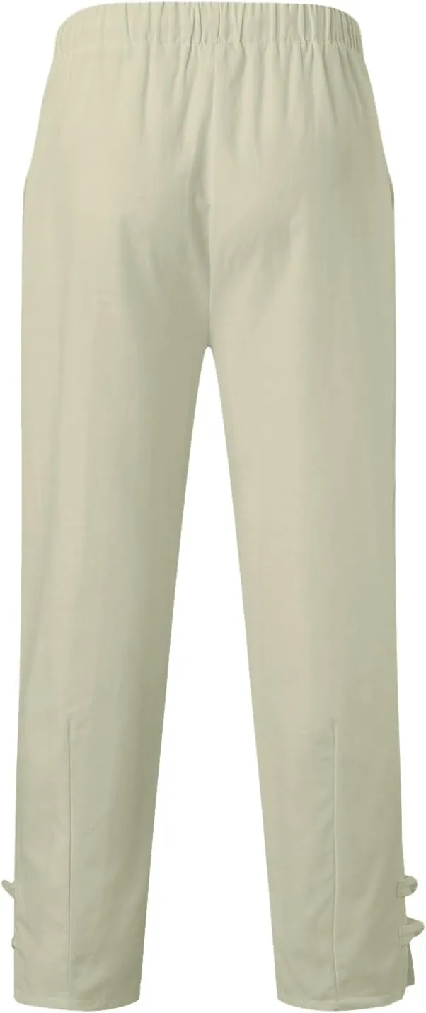 Vickyleb Men's Casual Linen Pants Elastic Drawstring Waist Loose Fit Straight Legs Summer Yoga Beach Long Pants for Men