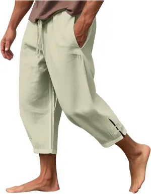 Vickyleb Men's Casual Linen Pants Elastic Drawstring Waist Loose Fit Straight Legs Summer Yoga Beach Long Pants for Men