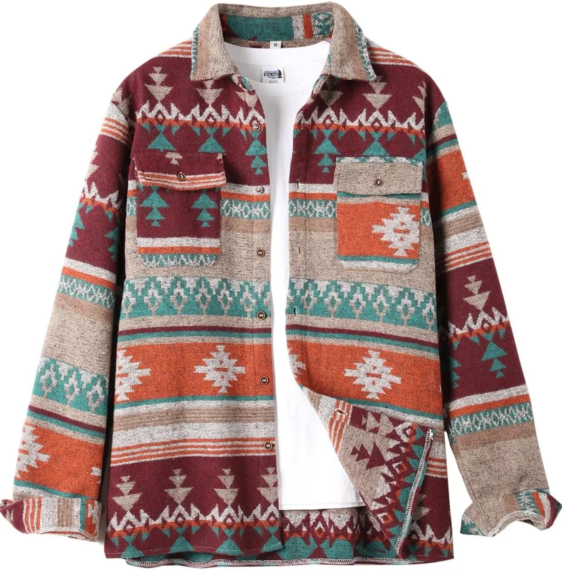 VIEWON Men's Casual Print Button Down Woolen Long Sleeve Lightweight Lapel Western Shacket Jacket Coat
