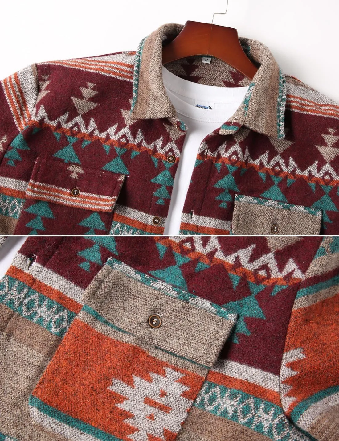 VIEWON Men's Casual Print Button Down Woolen Long Sleeve Lightweight Lapel Western Shacket Jacket Coat