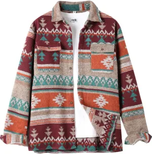 VIEWON Men's Casual Print Button Down Woolen Long Sleeve Lightweight Lapel Western Shacket Jacket Coat