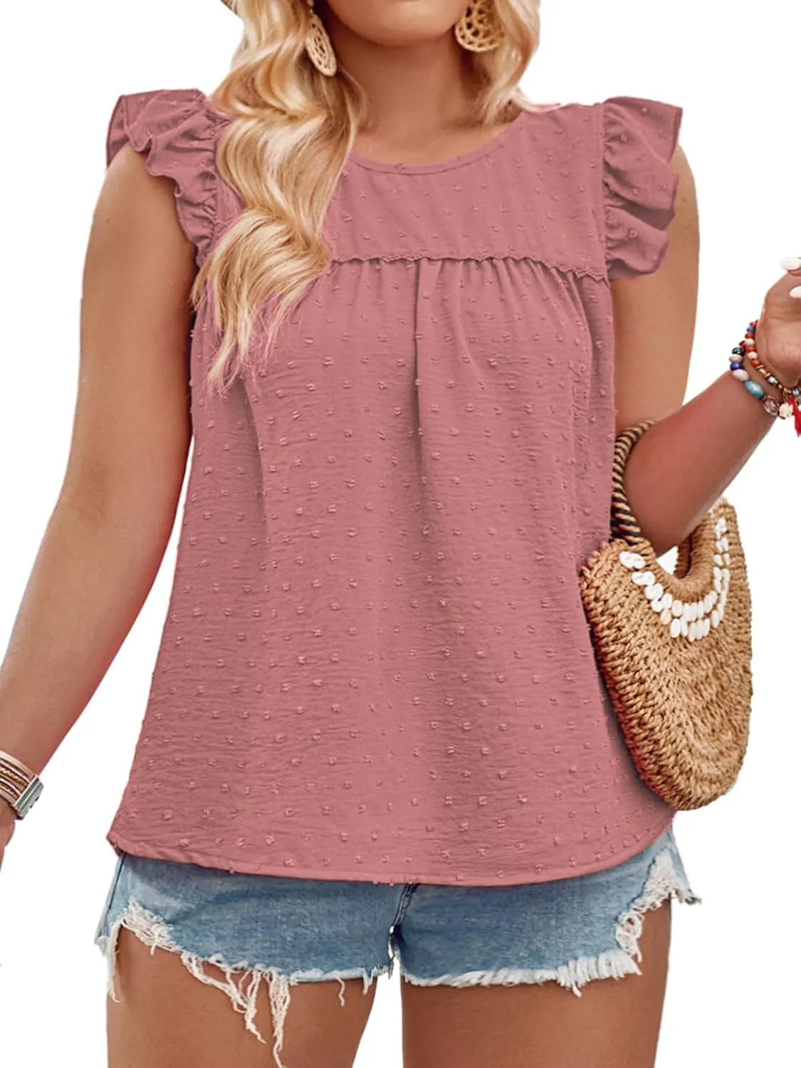 VISLILY Womens-Plus-Size-Summer-Tank-Tops Ruffle Cap Sleeveless T Shirts Crewneck Swiss Dot Blouses Pleated Casual Tee