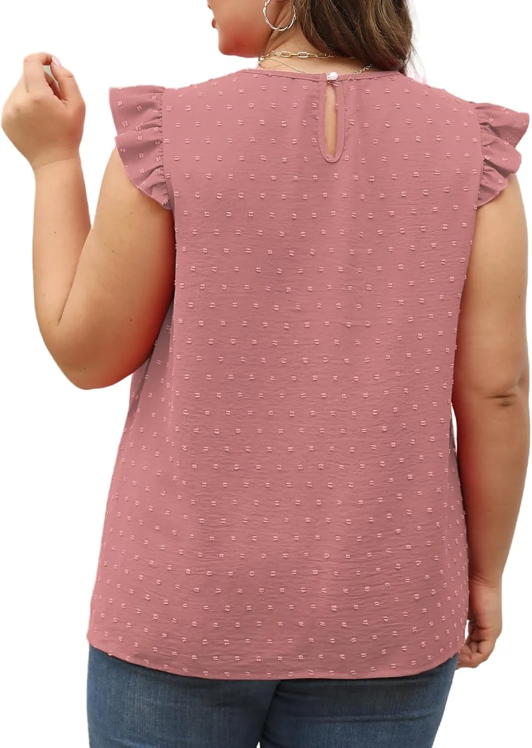 VISLILY Womens-Plus-Size-Summer-Tank-Tops Ruffle Cap Sleeveless T Shirts Crewneck Swiss Dot Blouses Pleated Casual Tee