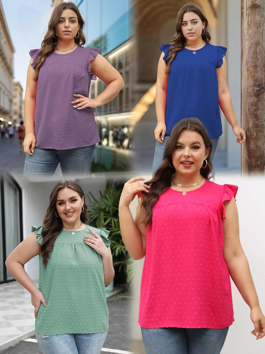 VISLILY Womens-Plus-Size-Summer-Tank-Tops Ruffle Cap Sleeveless T Shirts Crewneck Swiss Dot Blouses Pleated Casual Tee
