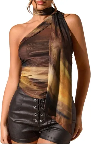 WDIRARA Women's Leopard Print Halter Crop Top Ruched Sleeveless Tee Shirt Y2k Fitted T Shirts