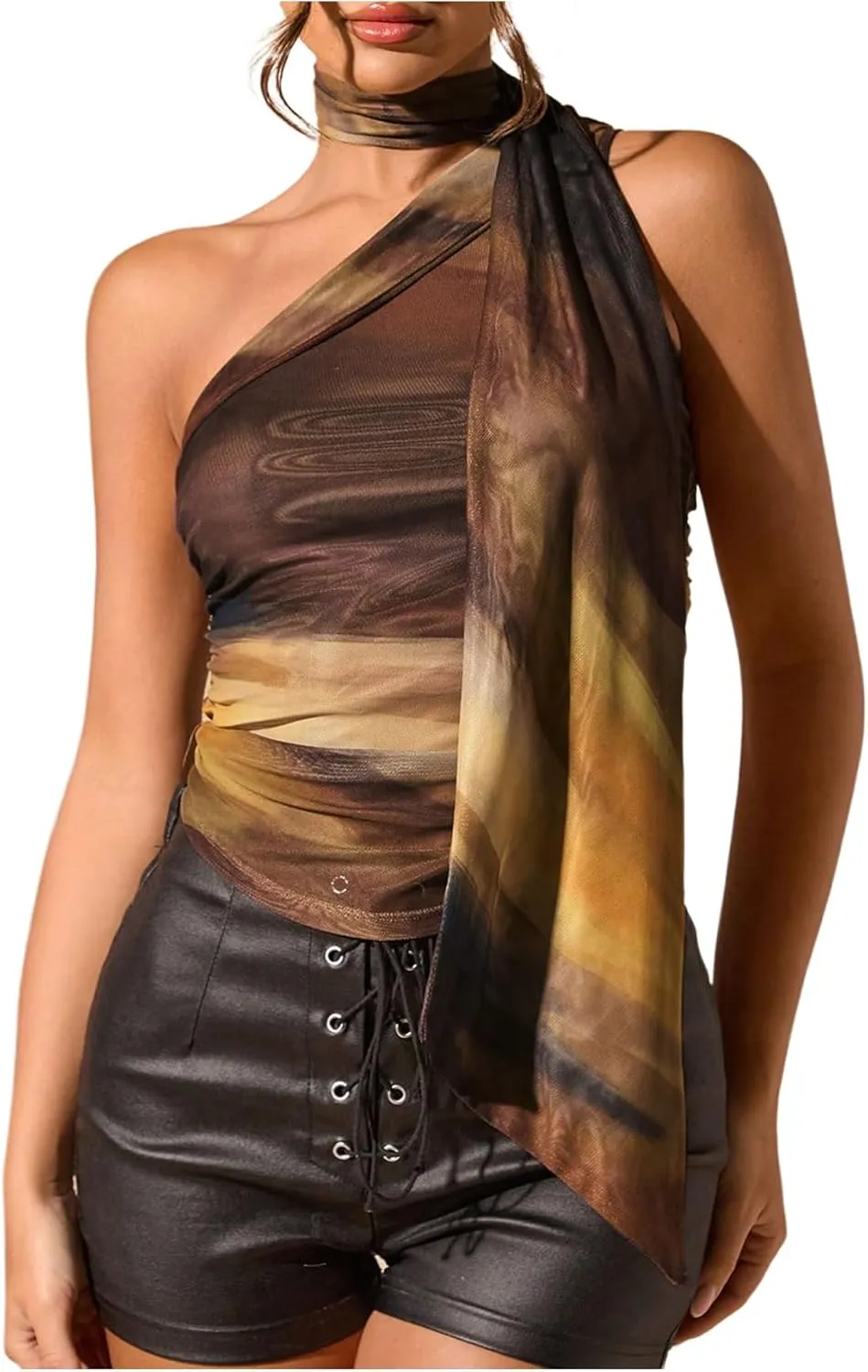 WDIRARA Women's Leopard Print Halter Crop Top Ruched Sleeveless Tee Shirt Y2k Fitted T Shirts