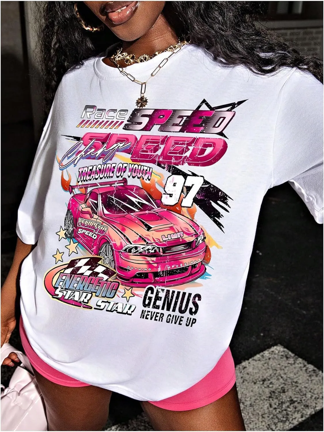 WDIRARA Women's Plus Size Car Graphic T Shirt Crew Neck Short Sleeve Tee Loose Top