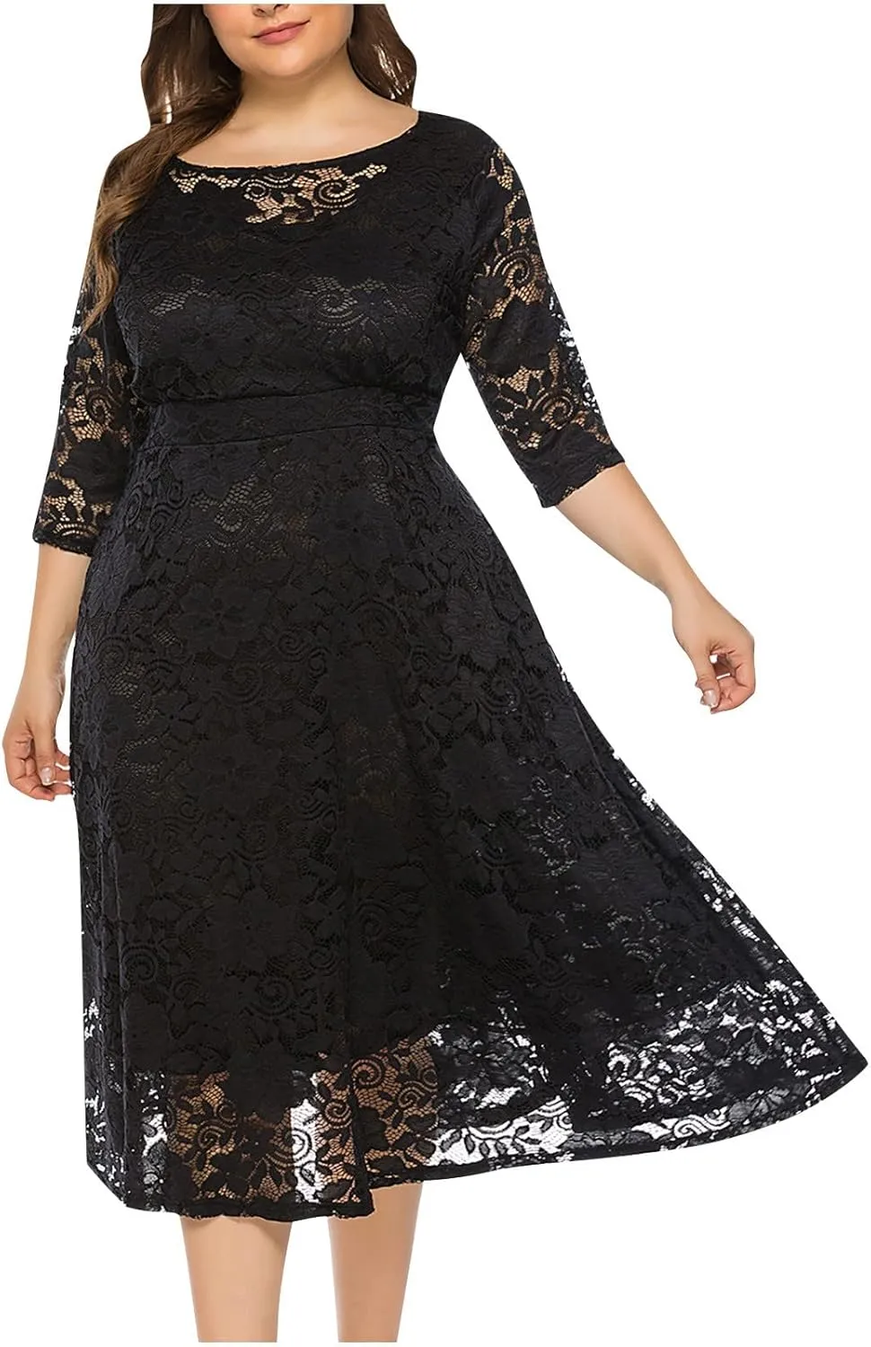 Wedding Guest Dresses for Women 2024 Summer Long Sleeve Crew Neck Midi Dress Plus Size Lace Evening Party Dress