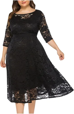 Wedding Guest Dresses for Women 2024 Summer Long Sleeve Crew Neck Midi Dress Plus Size Lace Evening Party Dress