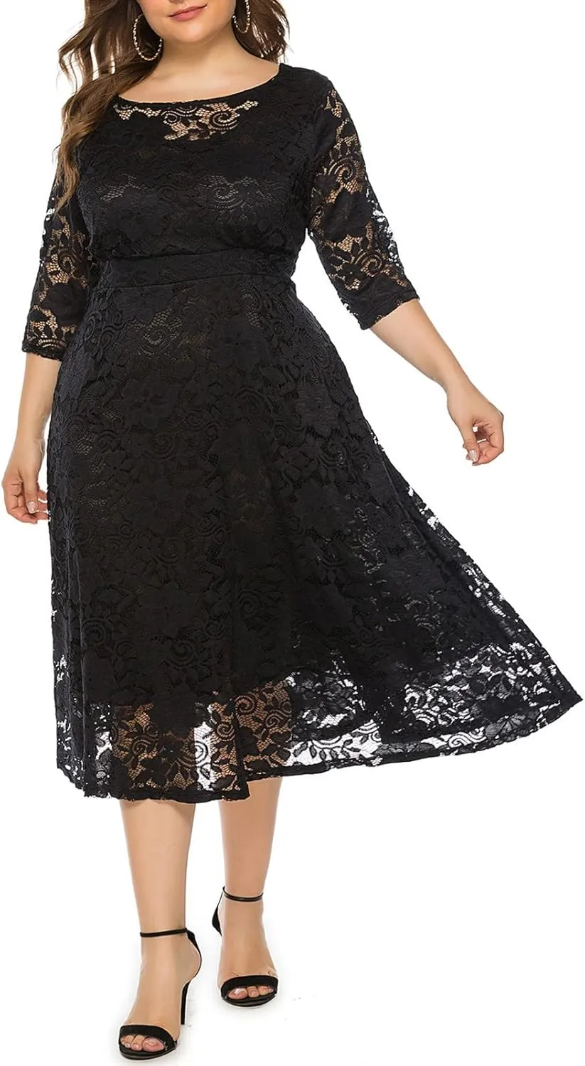 Wedding Guest Dresses for Women 2024 Summer Long Sleeve Crew Neck Midi Dress Plus Size Lace Evening Party Dress