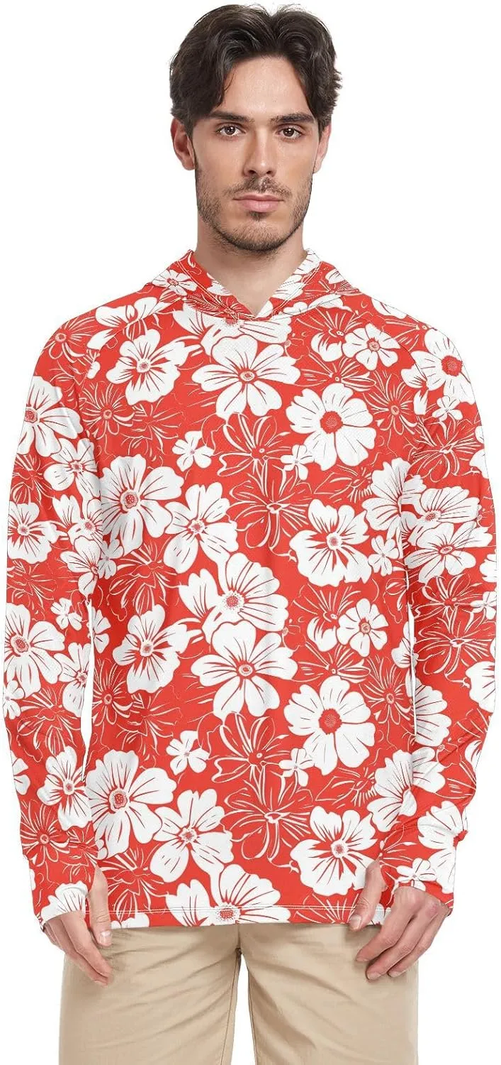 White Floral Petal Men's Sun Protection Hoodie Long Sleeve UPF 50 Mens Sun Shirt Quick Dry Rashguard for Men Sun Hoodies Camisas con Gorro para Trabajo