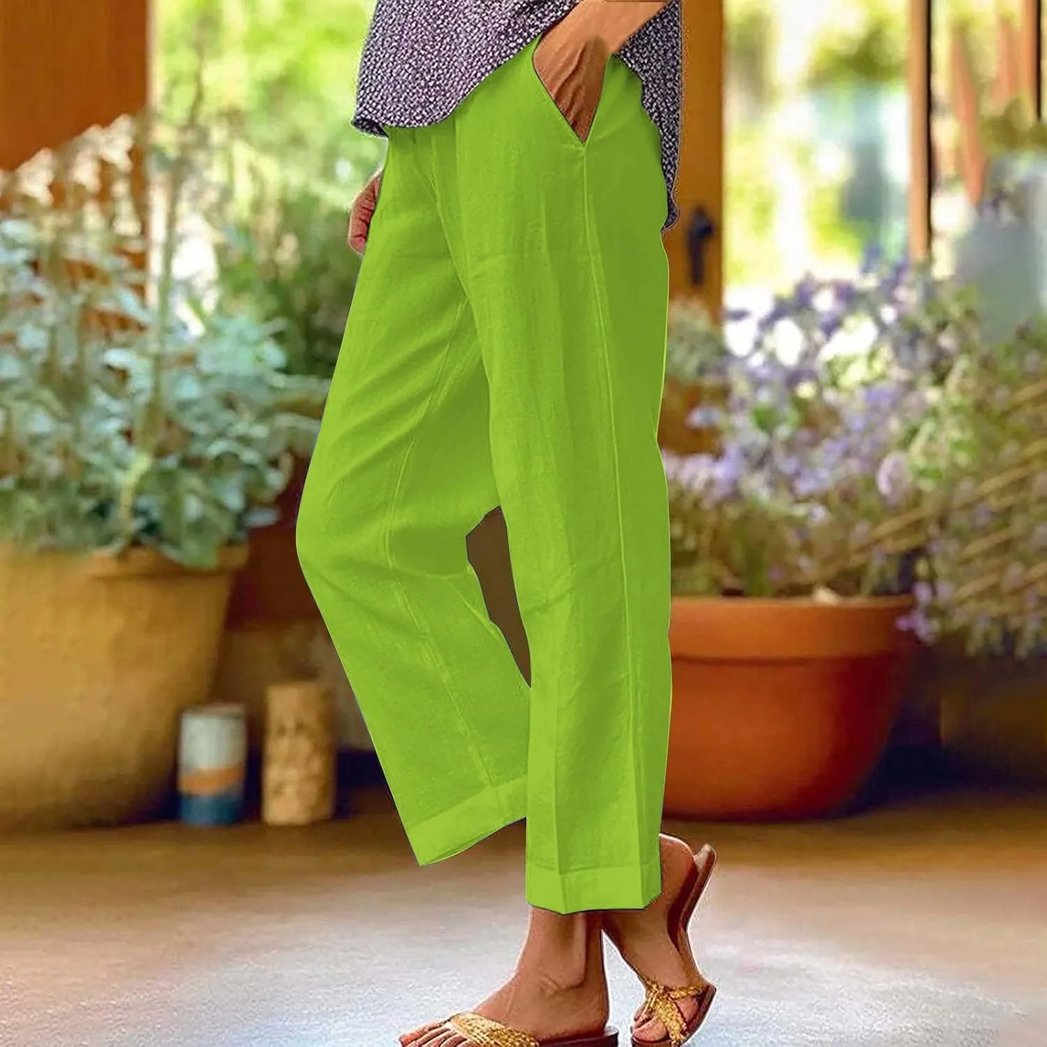 White Linen Pants Women Elastic Pants Long Drawstring Linen Women Waist Cotton Casual Slit Trouser Legs Pants