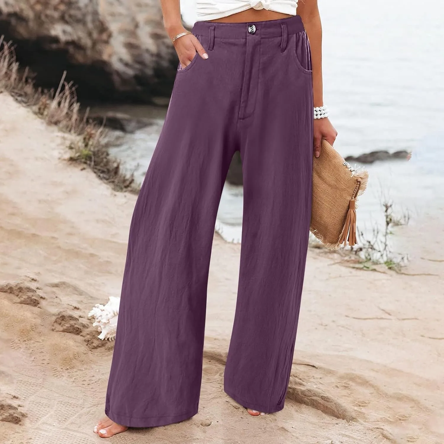 Wide Leg Dress Pants for Women Business Casual High Waisted Linen Palazzo Pants Casual Summer Work Trousers w/Pockets