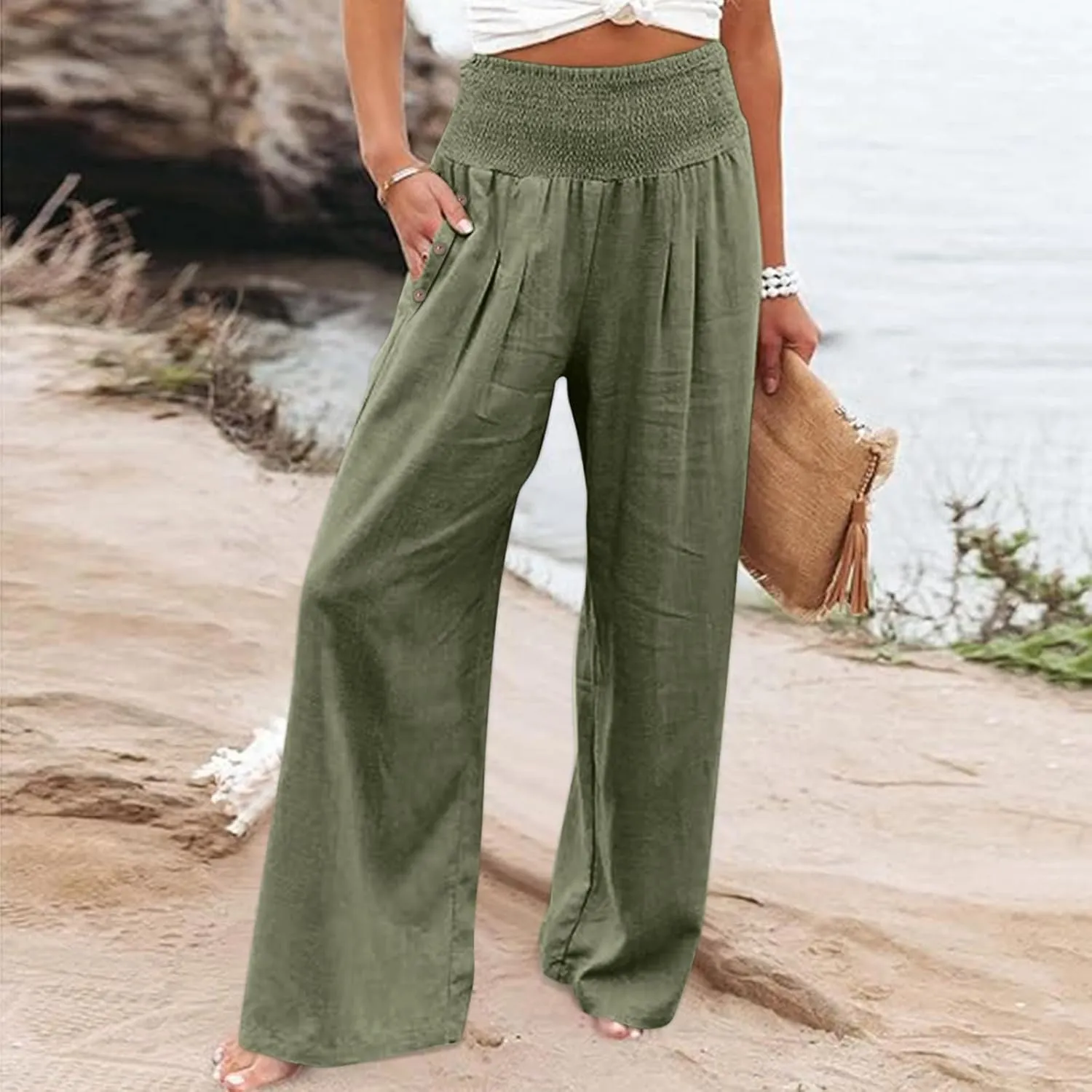 Wide Leg Linen Lounge Pants for Woman Smocked Elastic High Waisted Casual Palazzo Casual Long Trousers with Pocket
