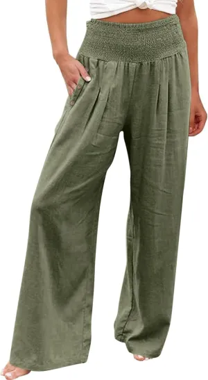 Wide Leg Linen Lounge Pants for Woman Smocked Elastic High Waisted Casual Palazzo Casual Long Trousers with Pocket