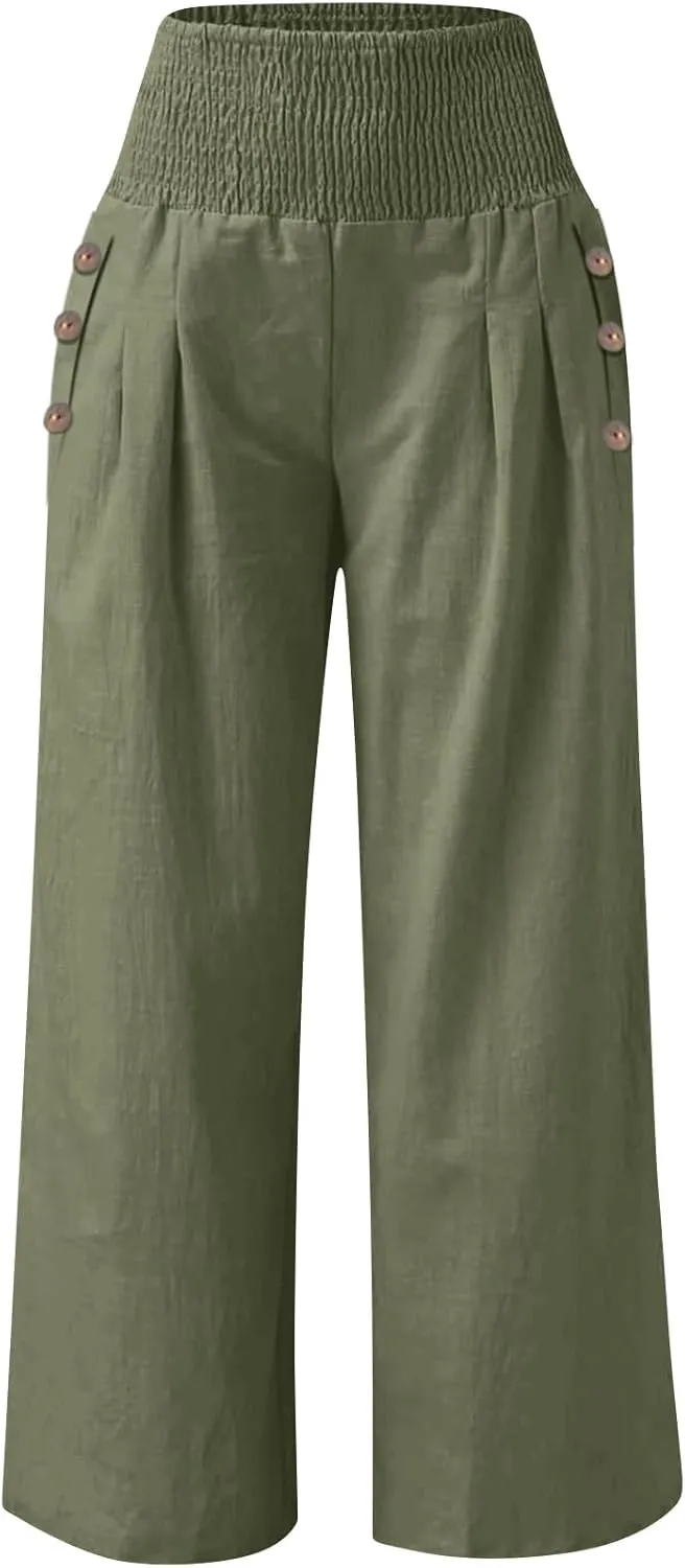 Wide Leg Linen Lounge Pants for Woman Smocked Elastic High Waisted Casual Palazzo Casual Long Trousers with Pocket