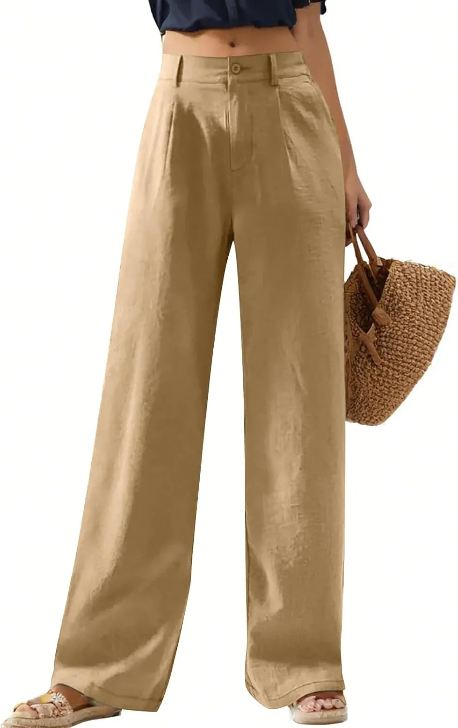 Wide Leg Linen Pants for Women 2025 Trendy Lightweight Summer Palazzo Pants Straight Leg Work Trousers with Pockets
