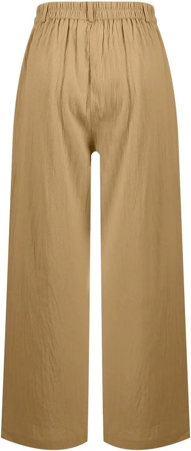 Wide Leg Linen Pants for Women 2025 Trendy Lightweight Summer Palazzo Pants Straight Leg Work Trousers with Pockets