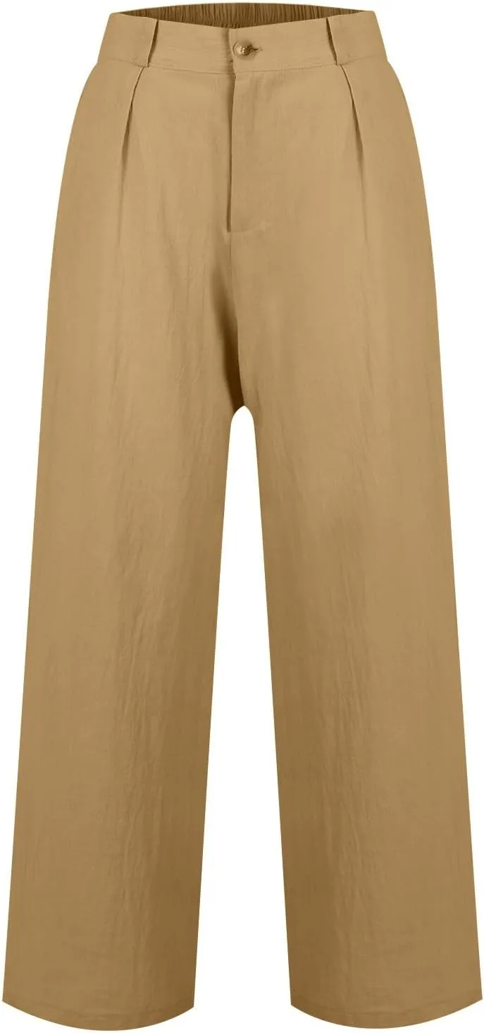 Wide Leg Linen Pants for Women 2025 Trendy Lightweight Summer Palazzo Pants Straight Leg Work Trousers with Pockets