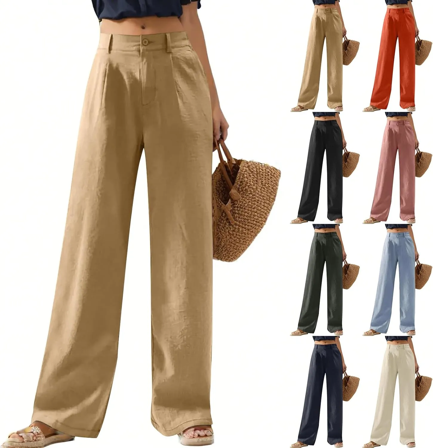 Wide Leg Linen Pants for Women 2025 Trendy Lightweight Summer Palazzo Pants Straight Leg Work Trousers with Pockets