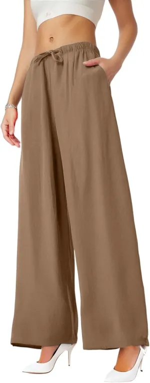 Wide Leg Linen Pants for Women Baggy Drawstring High Waisted Palazzo Pants Beach Vacation Lounge Pants with Pockets