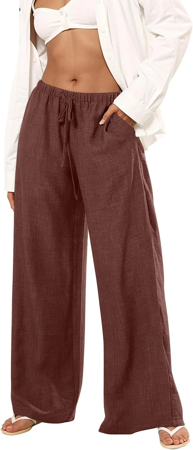 Wide Leg Linen Pants for Women Loose Drawstring High Waisted Palazzo Pants with Pockets Summer Causal Yoga Work Pants
