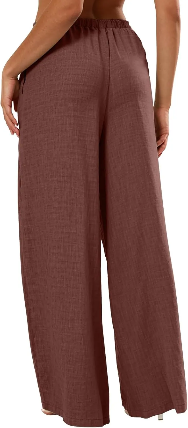 Wide Leg Linen Pants for Women Loose Drawstring High Waisted Palazzo Pants with Pockets Summer Causal Yoga Work Pants
