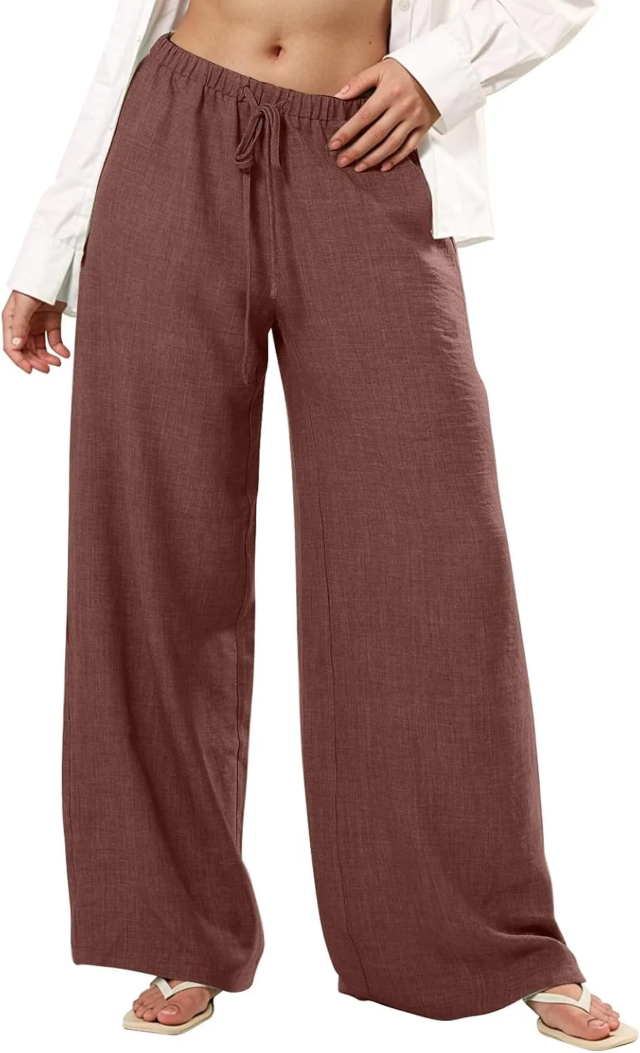 Wide Leg Linen Pants for Women Loose Drawstring High Waisted Palazzo Pants with Pockets Summer Causal Yoga Work Pants