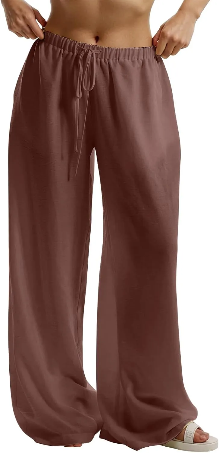 Wide Leg Linen Pants for Women Loose Drawstring High Waisted Palazzo Pants with Pockets Summer Causal Yoga Work Pants