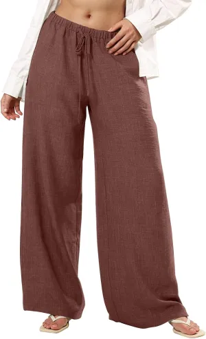 Wide Leg Linen Pants for Women Loose Drawstring High Waisted Palazzo Pants with Pockets Summer Causal Yoga Work Pants