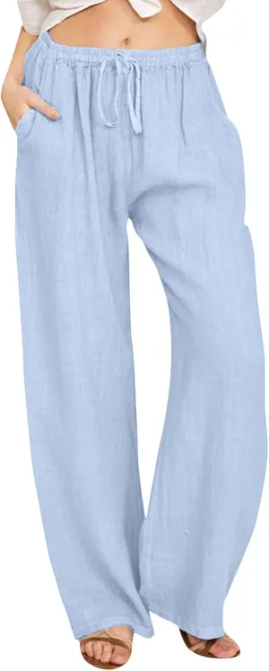 Wide Leg Linen Pants for Women Plus Size Summer Pants Flowy Drawstring Wide Leg Pants High Waisted Palazzo Pant Yoga Trousers